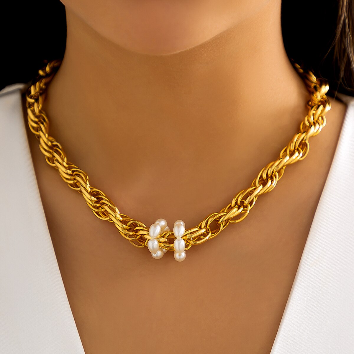 IngeSight.Z Exaggerated Imitation Pearl Chunky Thick Choker Necklaces for Women Punk Heavy Metal  Twisted Collier Jewelry Gift