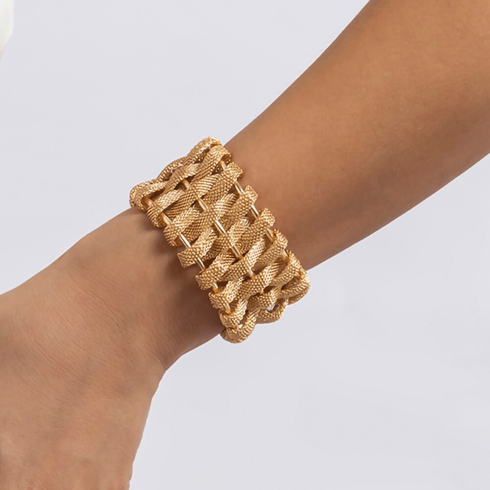 IngeSight.Z Exaggerated Woven Mesh Thick Bangle For Women Charm Gold Color Opening Cuff Adjustable Bracelet Party Wedding
