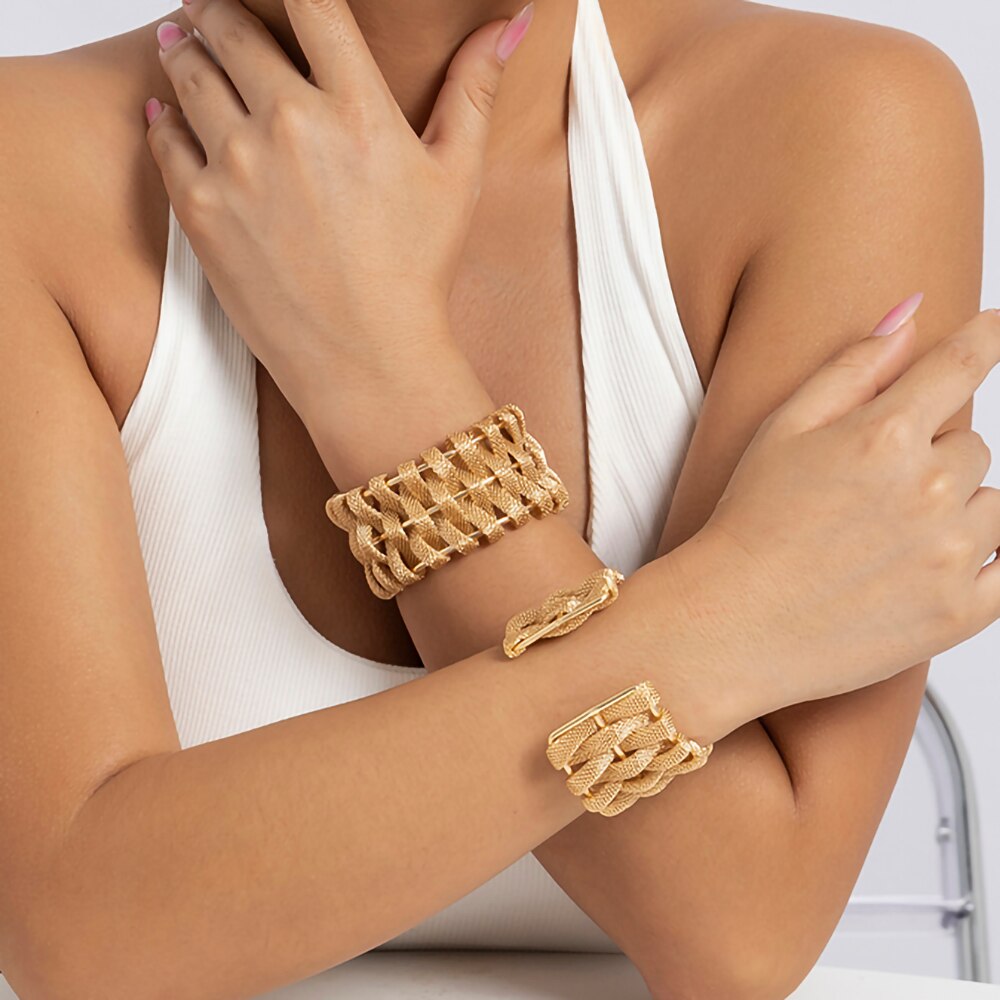 IngeSight.Z Exaggerated Woven Mesh Thick Bangle For Women Charm Gold Color Opening Cuff Adjustable Bracelet Party Wedding