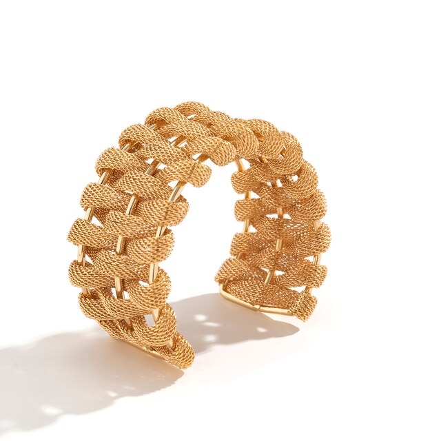 IngeSight.Z Exaggerated Woven Mesh Thick Bangle For Women Charm Gold Color Opening Cuff Adjustable Bracelet Party Wedding