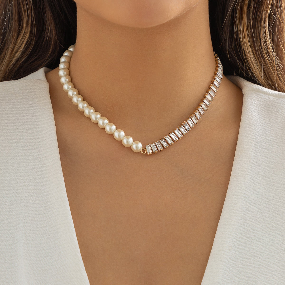 IngeSight.Z Imitation Pearl Stitching Rhinestone Choker Necklace for Women Simple Clavicle Chain Party Wedding Jewelry