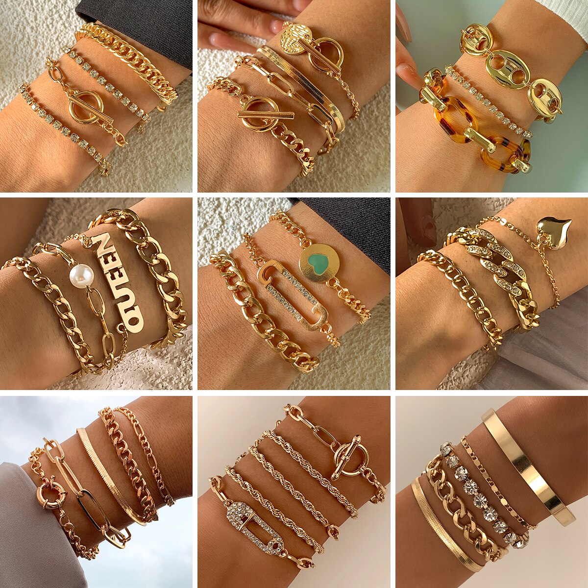 IngeSight.Z Flat Blade Snake Chain Crystal Rhinestones Bracelet Bangles Sequins Pendant Heart Letter Pearl Bracelets Set Jewelry