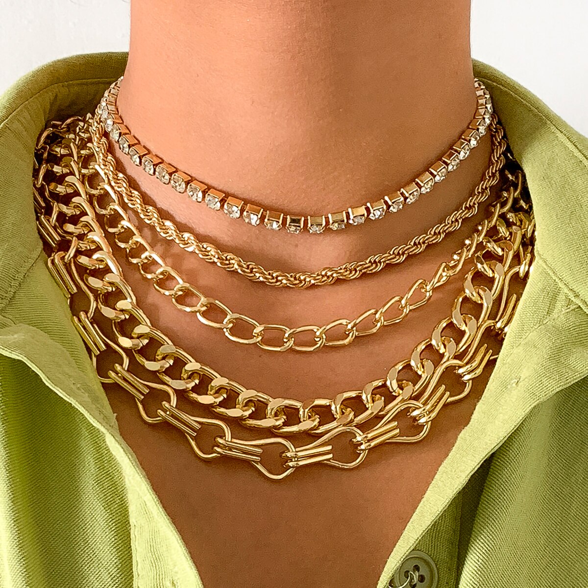 IngeSight.Z Goth Gothic Twisted Metal Rope Chain Chunky Choker Necklaces Multi Layered Rhinestone Crystal Neck Necklaces Jewelry