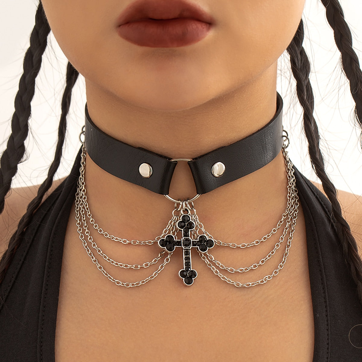 IngeSight.Z Gothic Black Crystal Cross Pendant Necklace For Women Punk Cross Metal Link Chain PU Leather Choker Necklace Collar