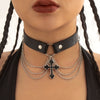 IngeSight.Z Gothic Black Crystal Cross Pendant Necklace For Women Punk Cross Metal Link Chain PU Leather Choker Necklace Collar