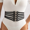 IngeSight.Z  Gothic Black PU Leather Rivets Wide Waist Belt Chain for Women Sexy Elastic 5 Straps Metal Ring Harness Waistband