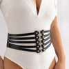 IngeSight.Z  Gothic Black PU Leather Rivets Wide Waist Belt Chain for Women Sexy Elastic 5 Straps Metal Ring Harness Waistband