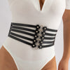 IngeSight.Z  Gothic Black PU Leather Rivets Wide Waist Belt Chain for Women Sexy Elastic 5 Straps Metal Ring Harness Waistband