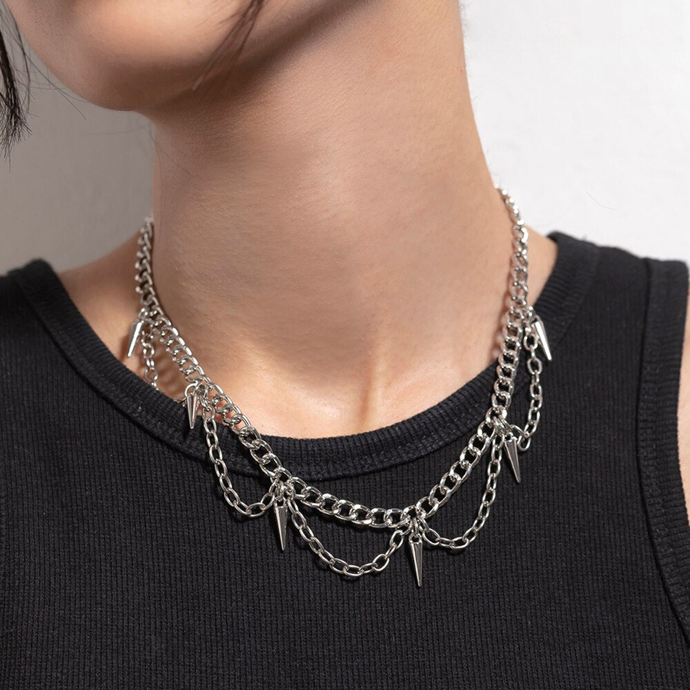 IngeSight.Z Gothic Punk Rock Spike Rivet Chain Choker Necklace for Women Men Studded Metal Cuban Chain Collar Hip Hop Bijoux
