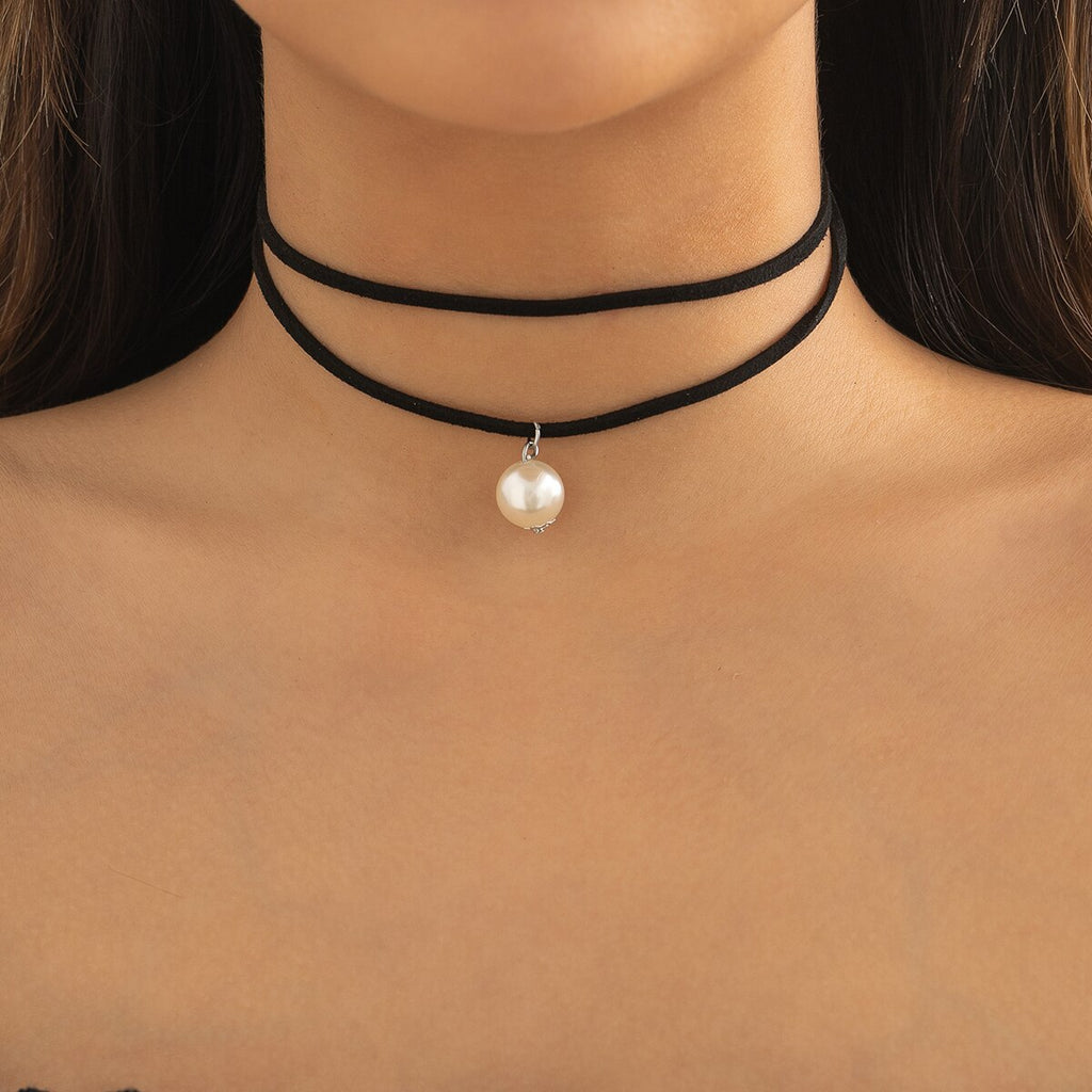 IngeSight.Z Gothic White Pearl Pendant Double Layer Black Leather Necklace for Women Vintage Clavicle Chain Party Jewelry Gift