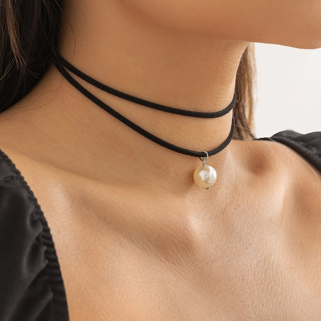 IngeSight.Z Gothic White Pearl Pendant Double Layer Black Leather Necklace for Women Vintage Clavicle Chain Party Jewelry Gift