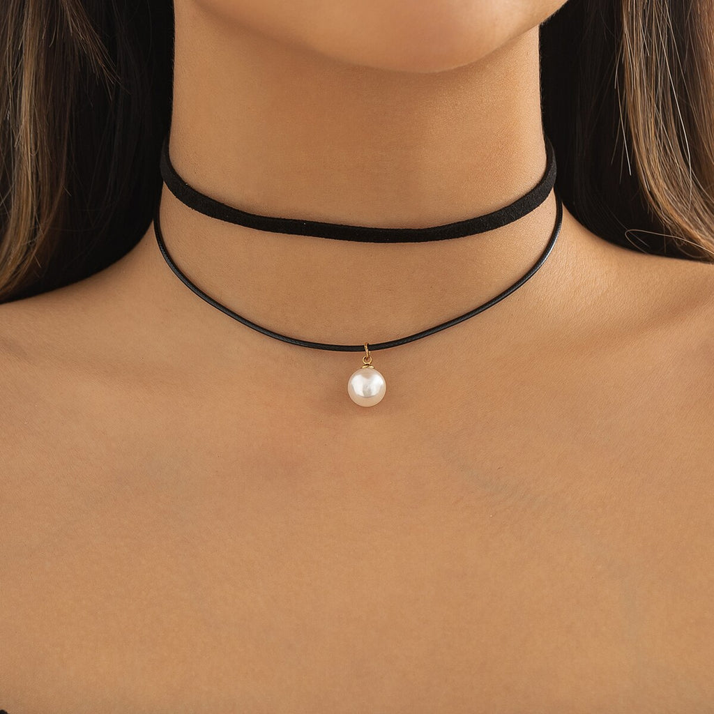 IngeSight.Z Gothic White Pearl Pendant Double Layer Black Leather Necklace for Women Vintage Clavicle Chain Party Jewelry Gift
