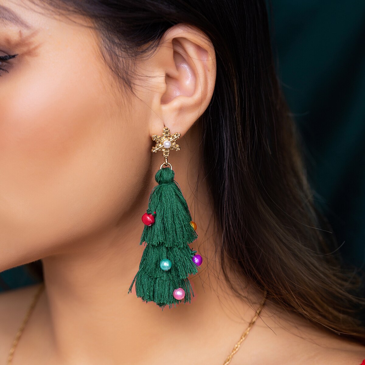 IngeSight.Z Green Christmas Tree Long Tassel Earrings For Women Christmas Party Snowflake Peal DropEarrings Festival Jewelry
