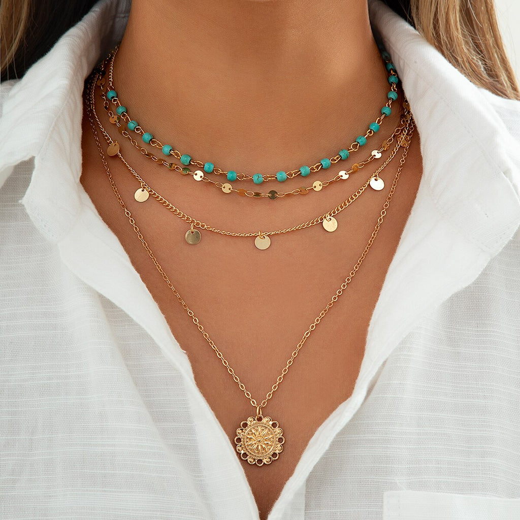 IngeSight.Z Green Color Beaded Chain Choker Necklaces Multi Layered Round Sequins Tassel Pendant Carved Coin Necklaces Jewelry