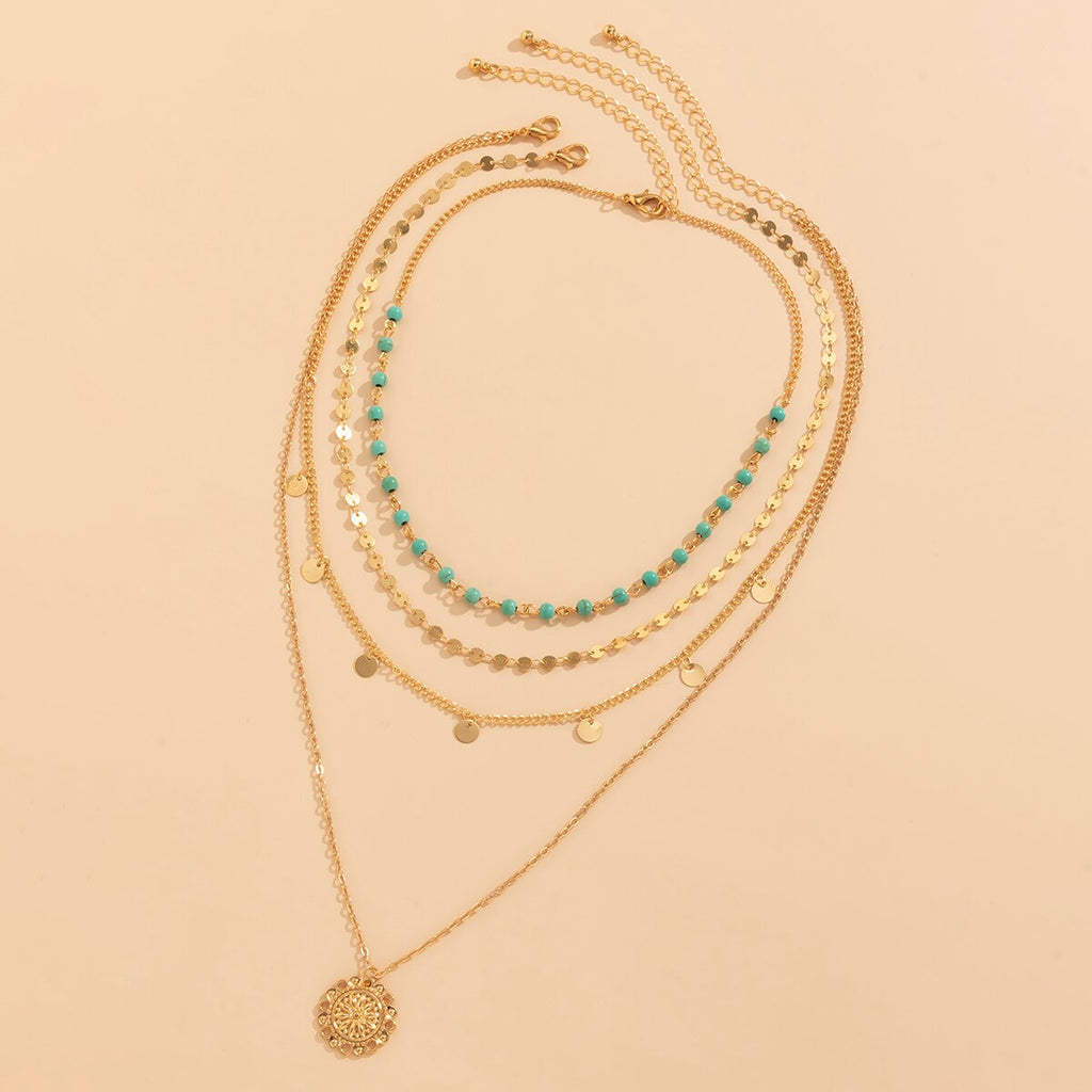 IngeSight.Z Green Color Beaded Chain Choker Necklaces Multi Layered Round Sequins Tassel Pendant Carved Coin Necklaces Jewelry