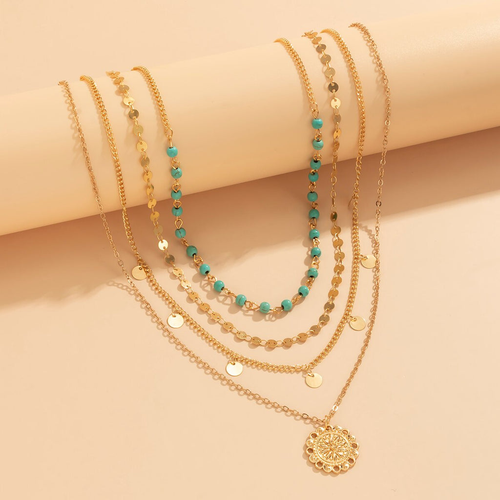 IngeSight.Z Green Color Beaded Chain Choker Necklaces Multi Layered Round Sequins Tassel Pendant Carved Coin Necklaces Jewelry