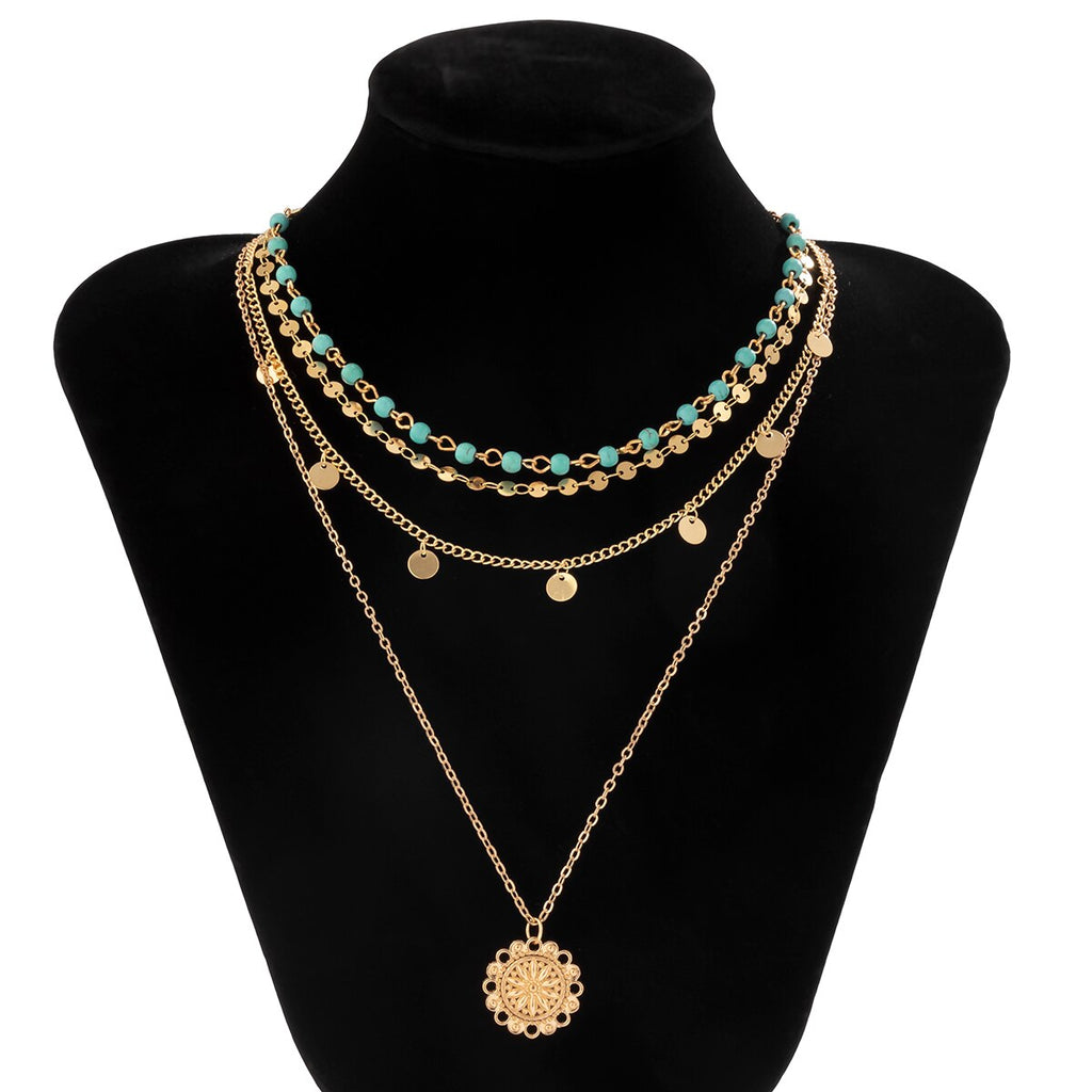 IngeSight.Z Green Color Beaded Chain Choker Necklaces Multi Layered Round Sequins Tassel Pendant Carved Coin Necklaces Jewelry
