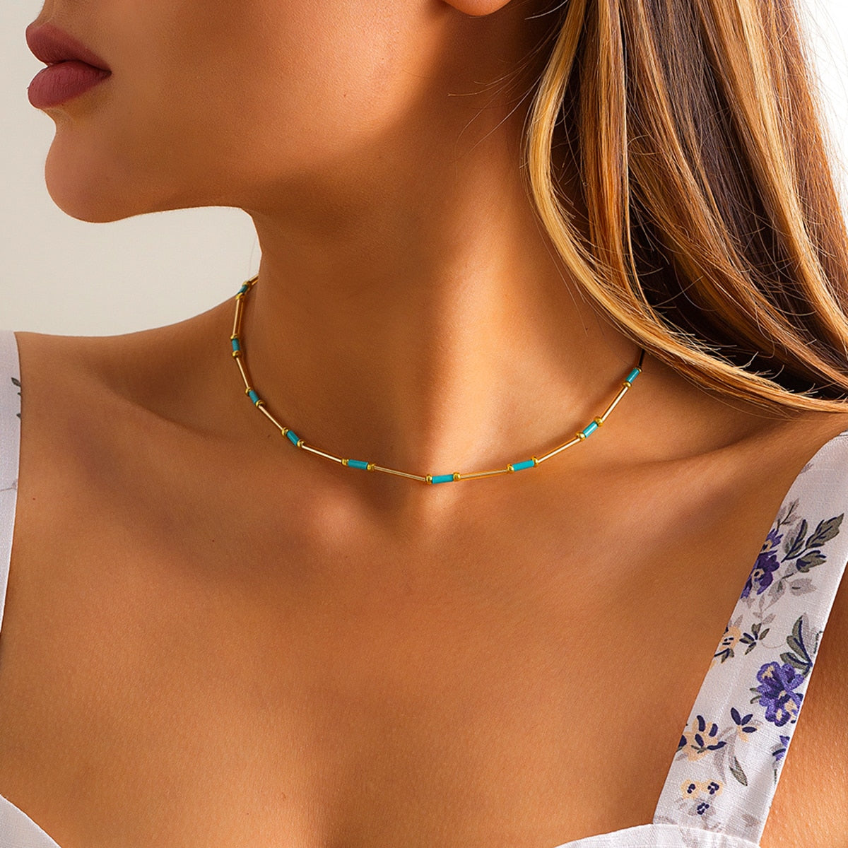 IngeSight.Z Green Color Seed Beaded Chain Short Choker Necklaces for Women Small Imitation Pearl Clavicle Necklaces Jewelry Gift