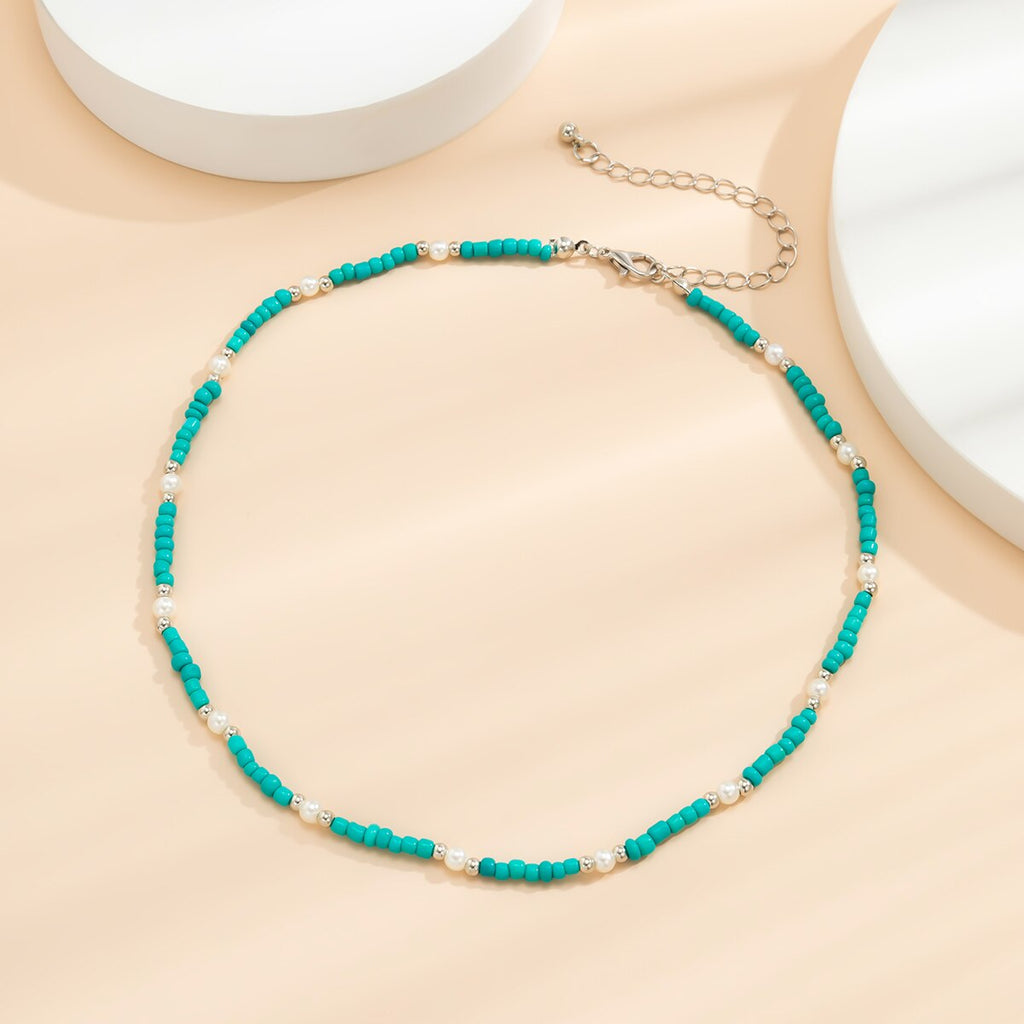 IngeSight.Z Green Color Seed Beaded Chain Short Choker Necklaces for Women Small Imitation Pearl Clavicle Necklaces Jewelry Gift