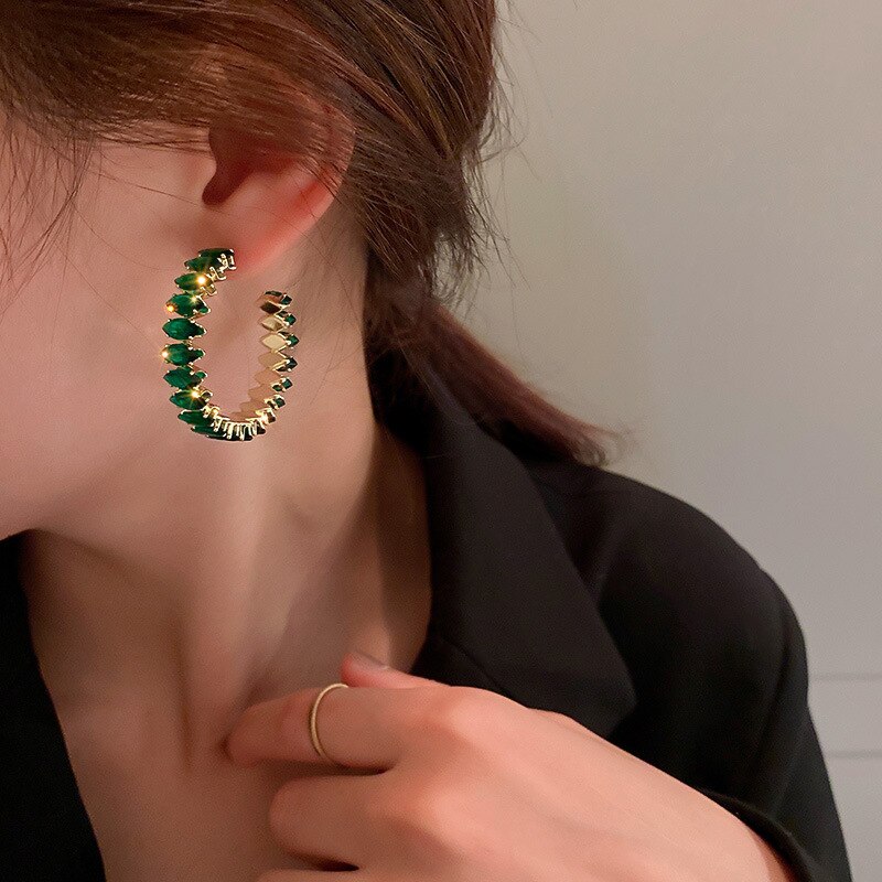IngeSight.Z Green/White Color Shiny Rhinestones Geometric Hoop Earrings for Women Statement Crystal Piercing Earrings Jewelry