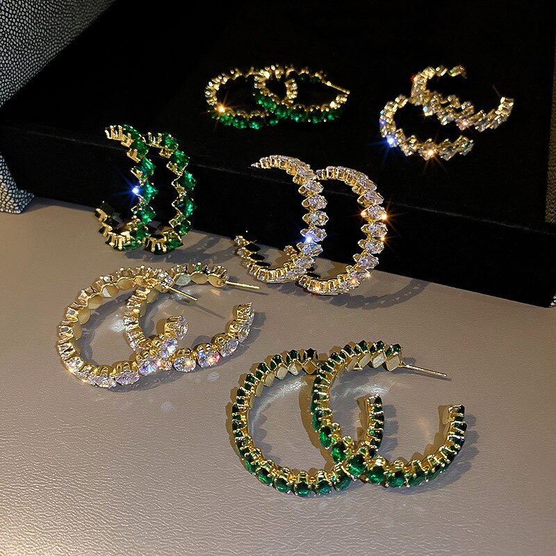 IngeSight.Z Green/White Color Shiny Rhinestones Geometric Hoop Earrings for Women Statement Crystal Piercing Earrings Jewelry
