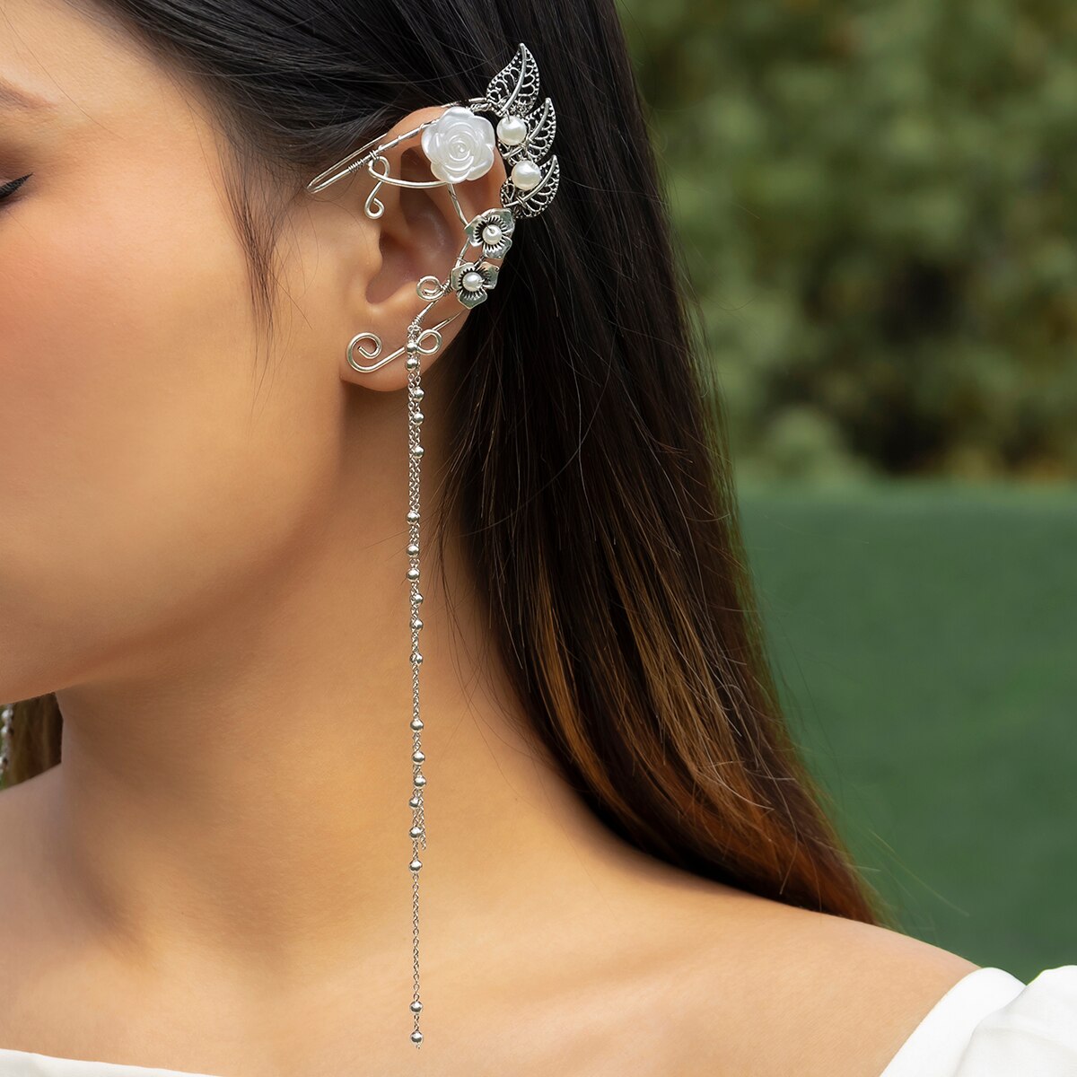 IngeSight.Z Elf Earring Pearl Flowers Leaf  Ear Clip for Women Creative Copper Bead Long Tassel Chain Ear Hanging Earrings