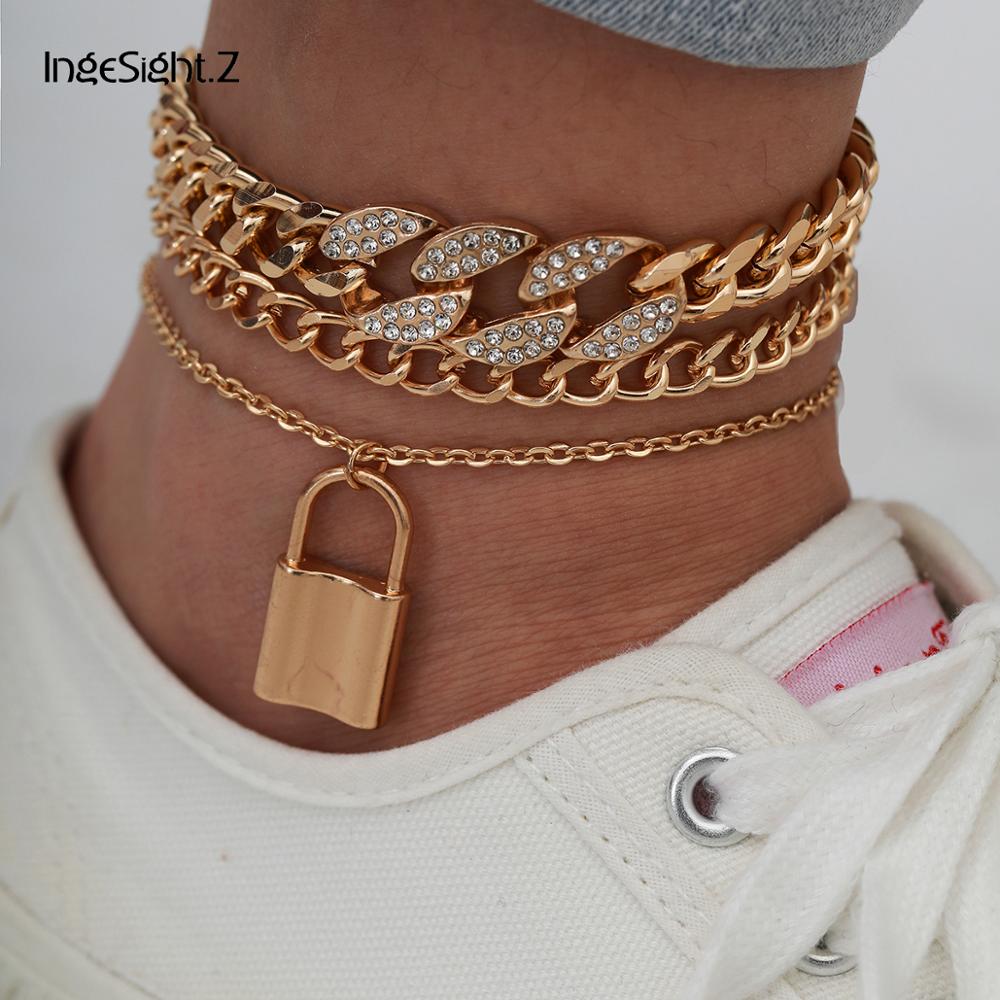 IngeSight.Z Iced Out Rhinestone Crystal Miami Curb Cuban Anklet Set Padlock Pendant Anklet On Foot Barefoot Sandals Jewelry Gift