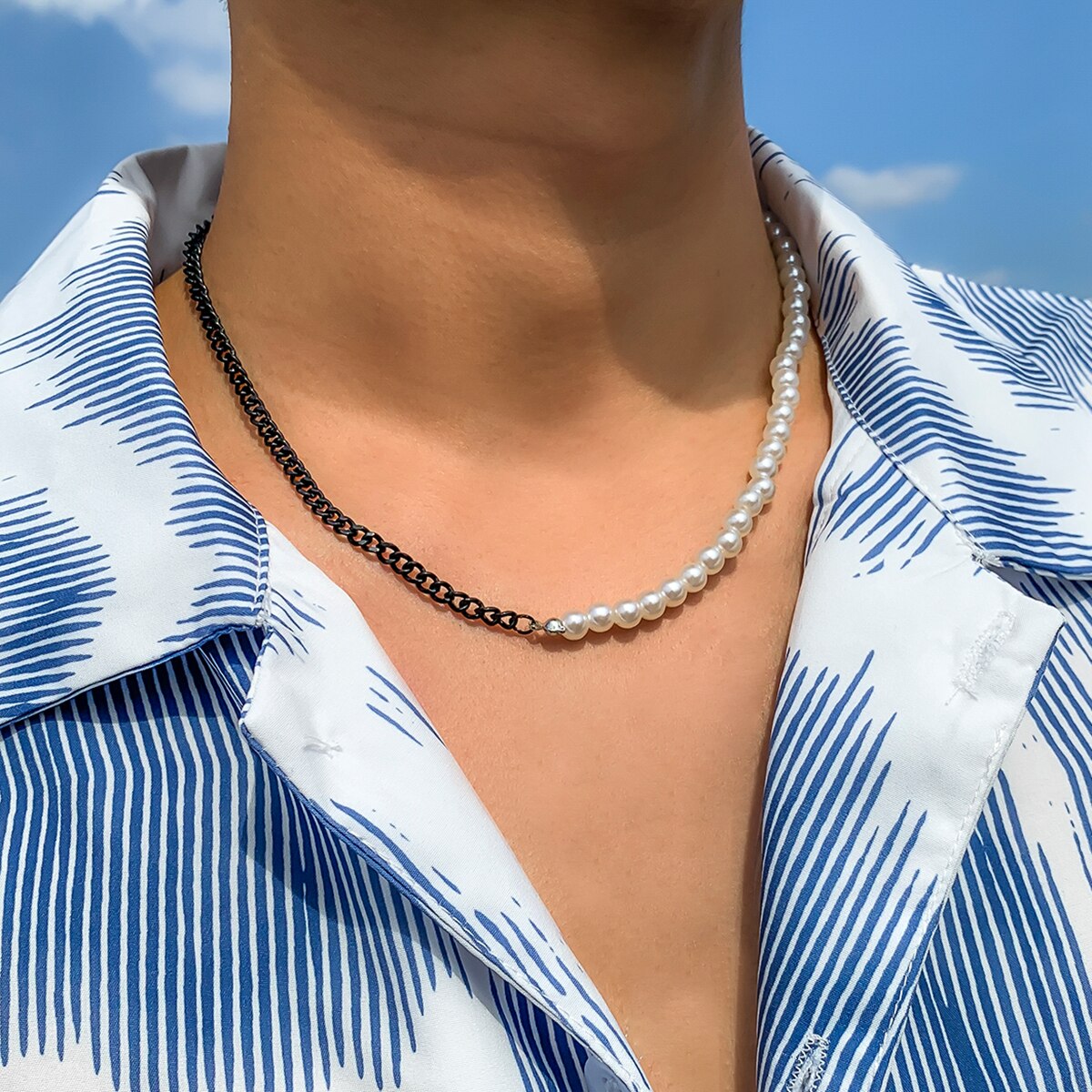 IngeSight.Z Imitation Pearl Chain Choker Necklaces Asymmetrical Black Color Link Chain Collar Necklaces Women Men Neck Jewelry