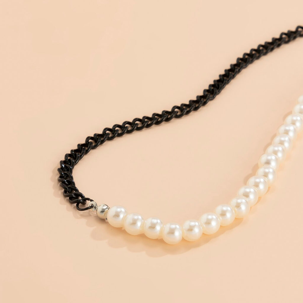 IngeSight.Z Imitation Pearl Chain Choker Necklaces Asymmetrical Black Color Link Chain Collar Necklaces Women Men Neck Jewelry