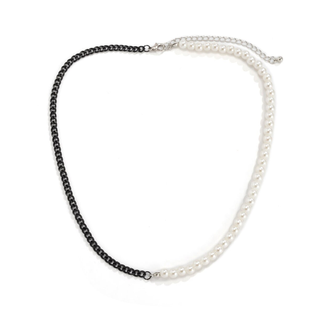 IngeSight.Z Imitation Pearl Chain Choker Necklaces Asymmetrical Black Color Link Chain Collar Necklaces Women Men Neck Jewelry