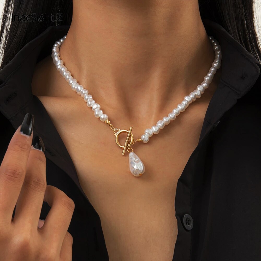 IngeSight.Z Imitation Pearl Lasso Toggle Clasp Choker Necklace Collar Punk Baroque Pendant Necklaces Jewelry