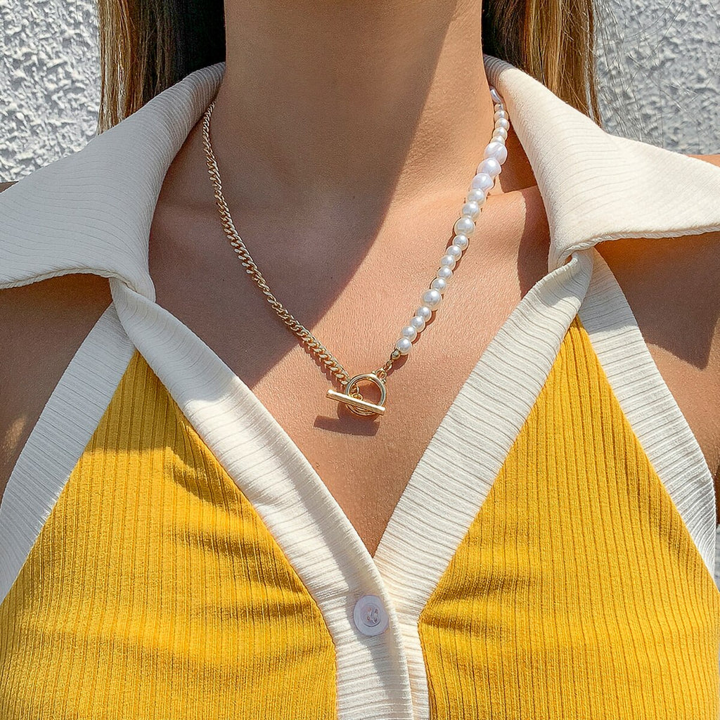 IngeSight.Z Imitation Pearl Toggle Clasp Lasso Choker Necklace Gold Color Beaded Chain Short Clavicle Necklace for Women Jewelry