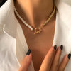 IngeSight.Z Imitation Pearl Toggle Clasp Lasso Choker Necklace Gold Color Beaded Chain Short Clavicle Necklace for Women Jewelry