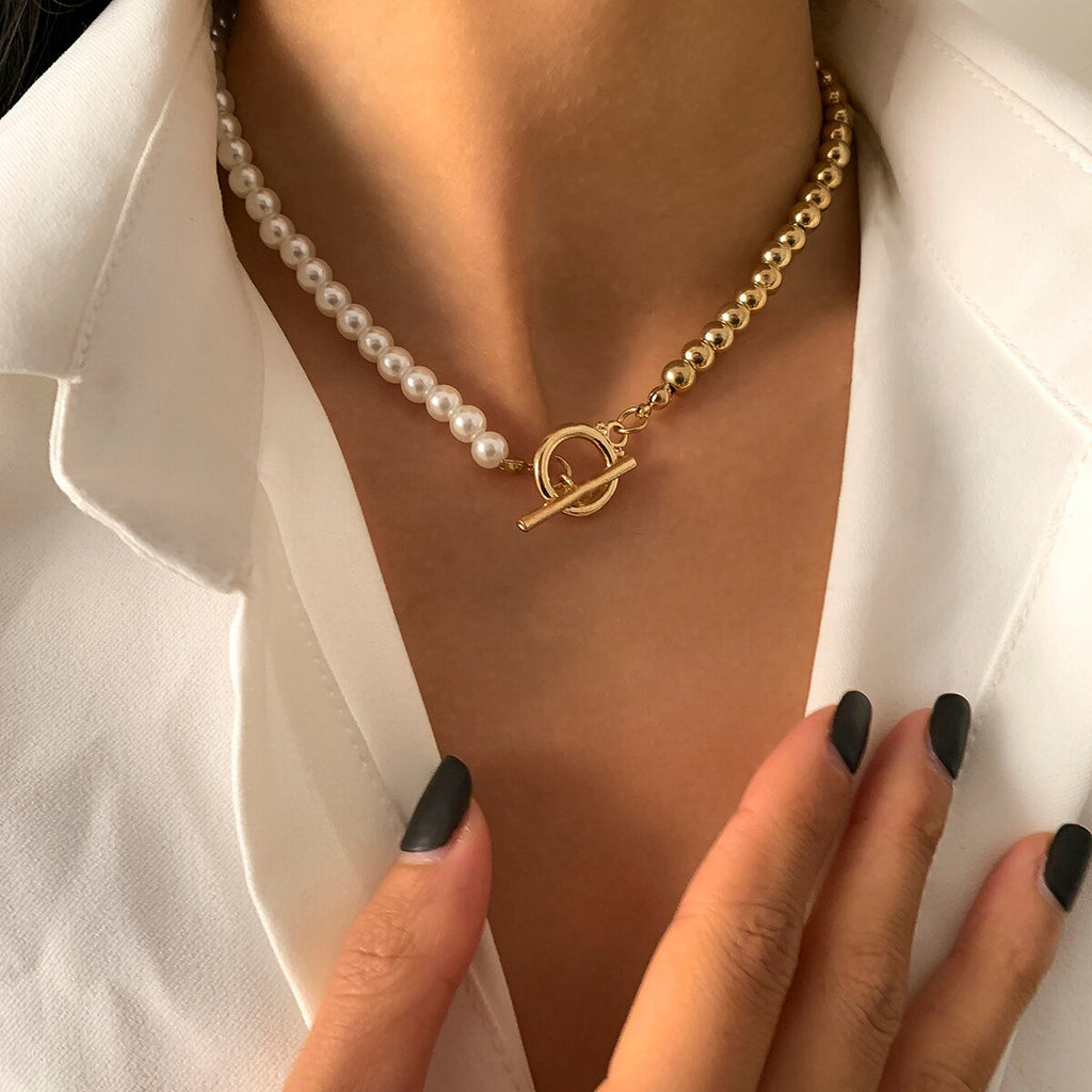 IngeSight.Z Imitation Pearl Toggle Clasp Lasso Choker Necklace Gold Color Beaded Chain Short Clavicle Necklace for Women Jewelry