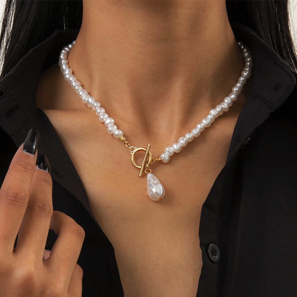 IngeSight.Z Imitation Pearl Toggle Clasp Lasso Choker Necklace Gold Color Beaded Chain Short Clavicle Necklace for Women Jewelry