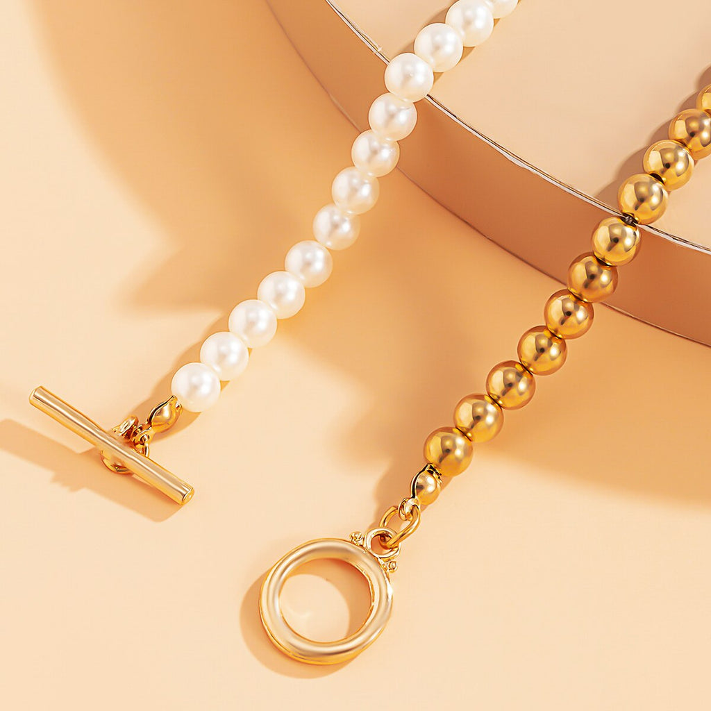 IngeSight.Z Imitation Pearl Toggle Clasp Lasso Choker Necklace Gold Color Beaded Chain Short Clavicle Necklace for Women Jewelry