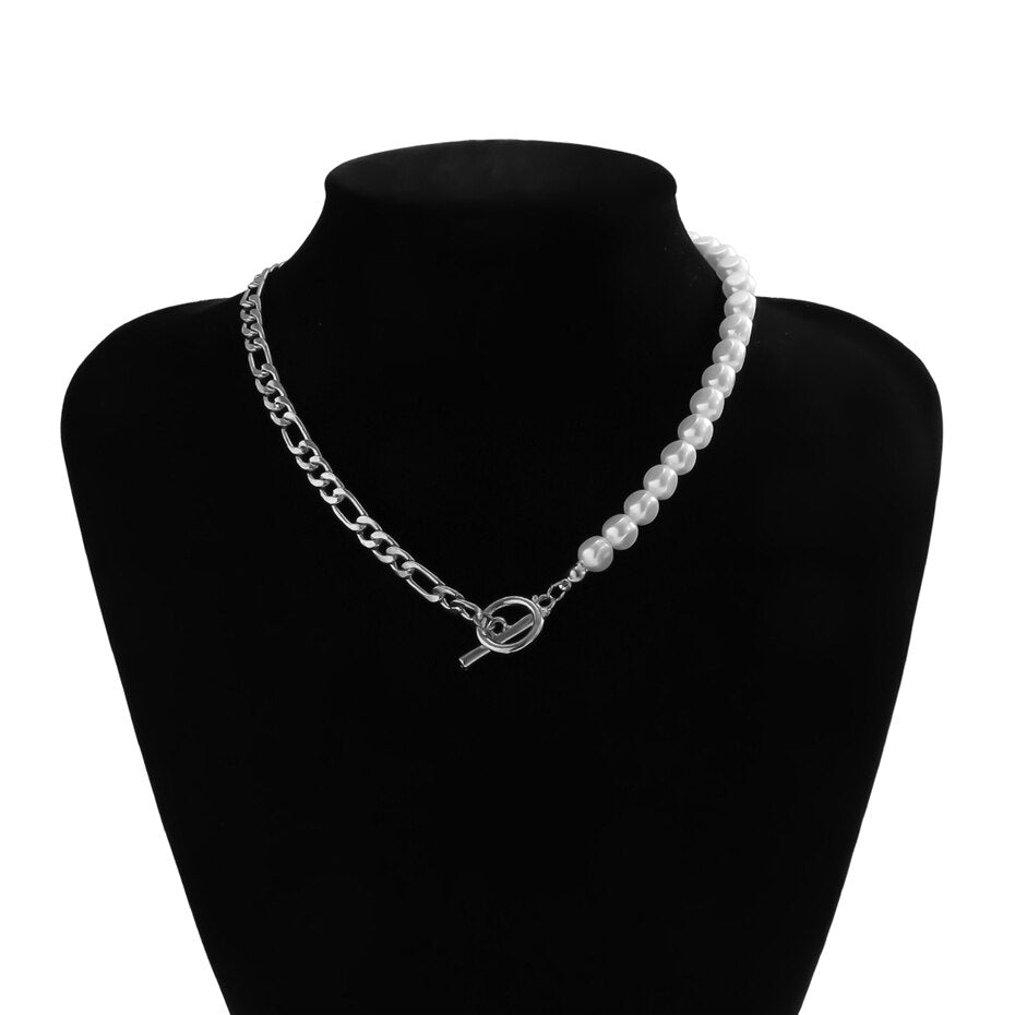 IngeSight.Z Imitation Pearl Toggle Clasp Lasso Choker Necklace Gold Color Beaded Chain Short Clavicle Necklace for Women Jewelry