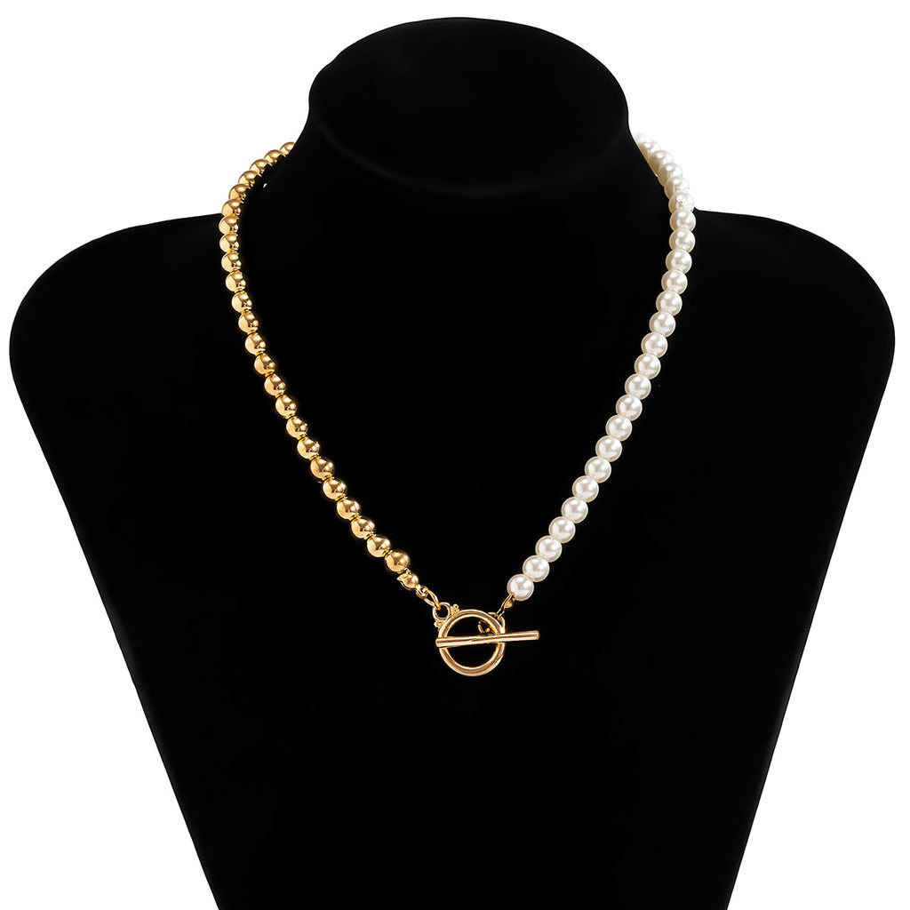 IngeSight.Z Imitation Pearl Toggle Clasp Lasso Choker Necklace Gold Color Beaded Chain Short Clavicle Necklace for Women Jewelry