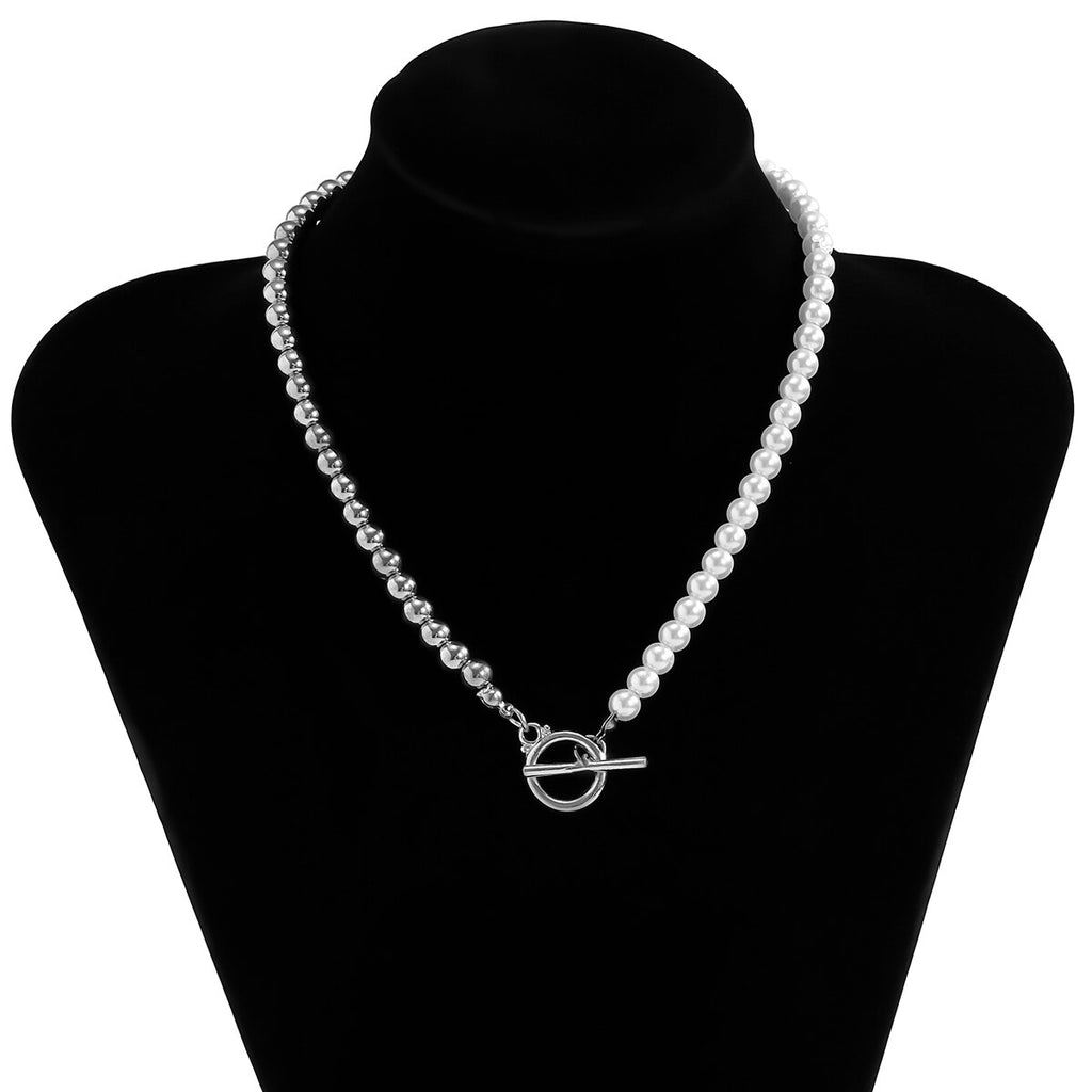 IngeSight.Z Imitation Pearl Toggle Clasp Lasso Choker Necklace Gold Color Beaded Chain Short Clavicle Necklace for Women Jewelry