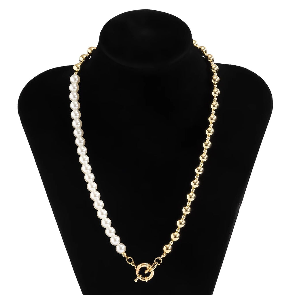 IngeSight.Z Imitation Pearl Toggle Clasp Lasso Choker Necklace Gold Color Beaded Chain Short Clavicle Necklace for Women Jewelry
