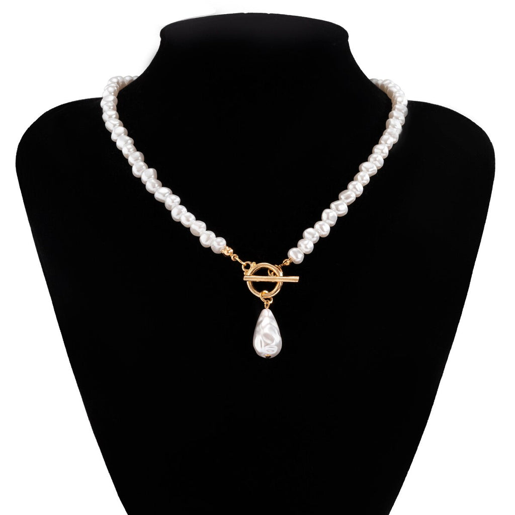 IngeSight.Z Imitation Pearl Toggle Clasp Lasso Choker Necklace Gold Color Beaded Chain Short Clavicle Necklace for Women Jewelry