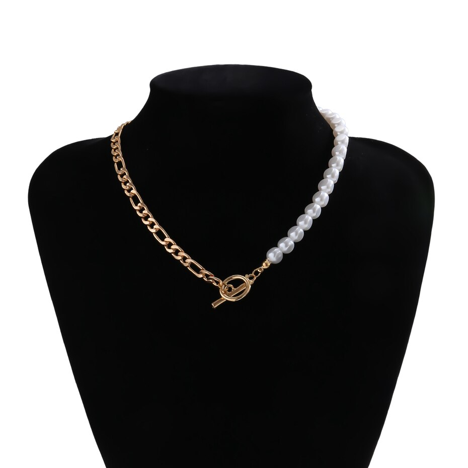 IngeSight.Z Imitation Pearl Toggle Clasp Lasso Choker Necklace Gold Color Beaded Chain Short Clavicle Necklace for Women Jewelry