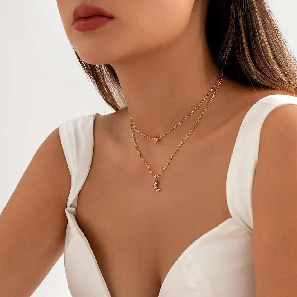 IngeSight.Z Korea Double Layer Heart Moon Pendant Necklace for Women Simple Gold  Color Clavicle Chain Jewelry 2022