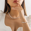 IngeSight.Z  Korea Imitation Pearl Chain Necklace Bracelet Set for Women Simple Beaded Clavicle Chain Bridal Jewelry Set