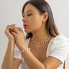 IngeSight.Z  Korea Imitation Pearl Chain Necklace Bracelet Set for Women Simple Beaded Clavicle Chain Bridal Jewelry Set