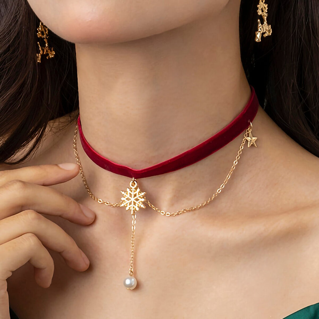 IngeSight.Z Korea Wine Red Velvet Pearl Pendant Necklaces for Women Elegant Gold Color Snowflake Tassel Christmas Clavicle Neck
