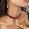 IngeSight.Z Korea Wine Red Velvet Pearl Pendant Necklaces for Women Elegant Gold Color Snowflake Tassel Christmas Clavicle Neck