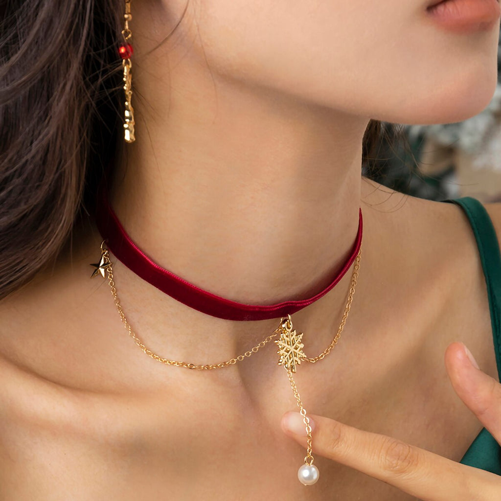 IngeSight.Z Korea Wine Red Velvet Pearl Pendant Necklaces for Women Elegant Gold Color Snowflake Tassel Christmas Clavicle Neck