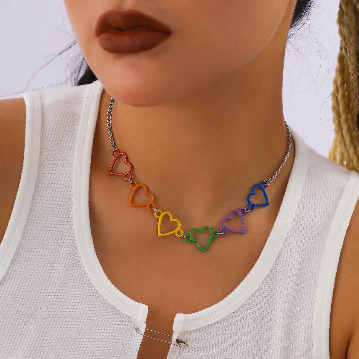IngeSight.Z Korean Colorful Spray Paint Heart Shape Choker Necklace for Women Men Enamel Charms Iron Chain Necklace Jewelry