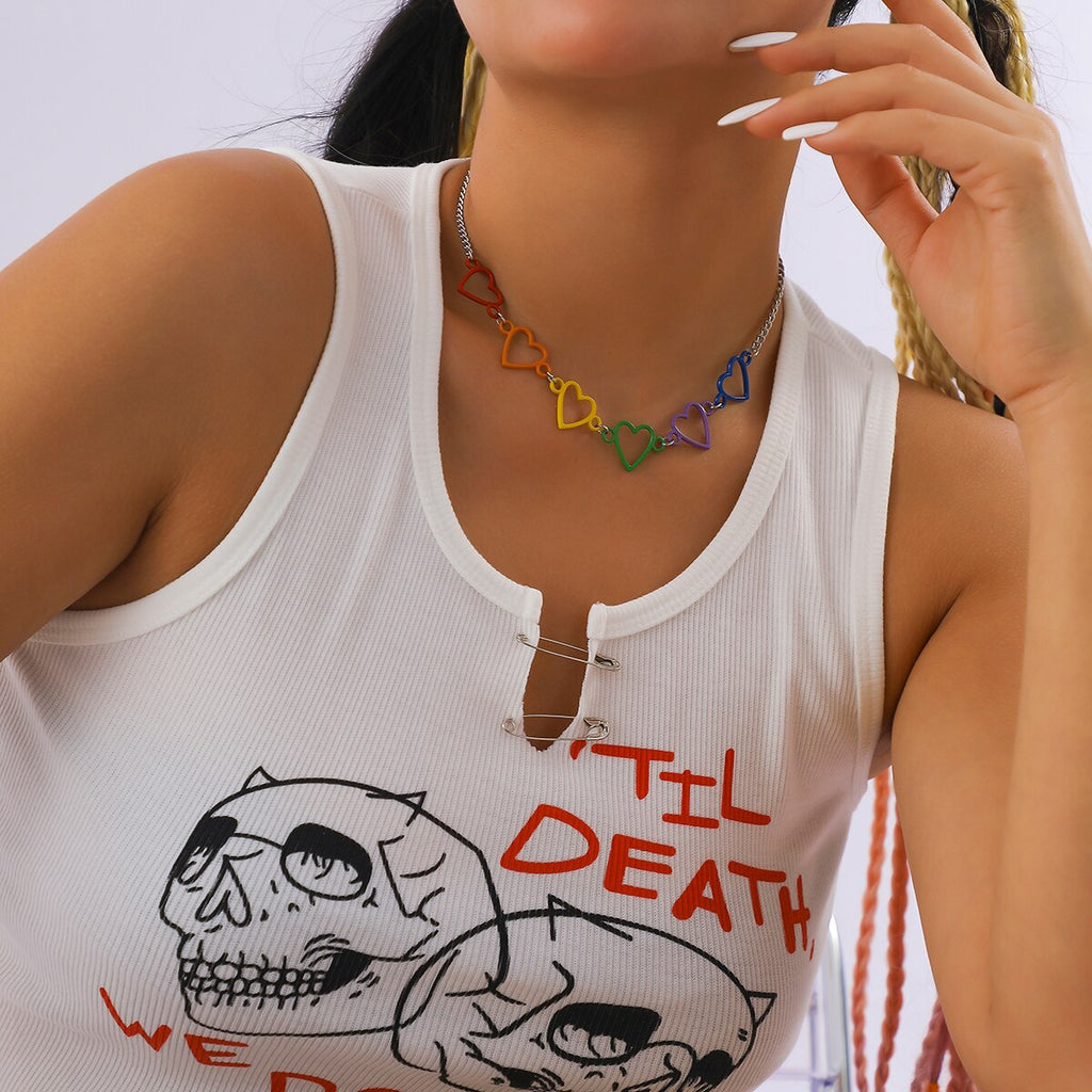 IngeSight.Z Korean Colorful Spray Paint Heart Shape Choker Necklace for Women Men Enamel Charms Iron Chain Necklace Jewelry